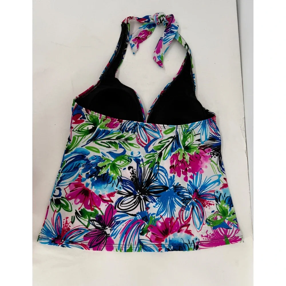 Fit 4 U Womens Floral Halter Tankini Swim Top Multicolor‎ V-Neck Sz 12